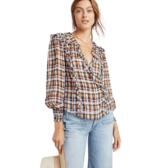 Anthropologie Tops - Anthropologie Maeve Laila Plaid Ruffle Wrap Blouse Boho Cottagecore Top Size 4